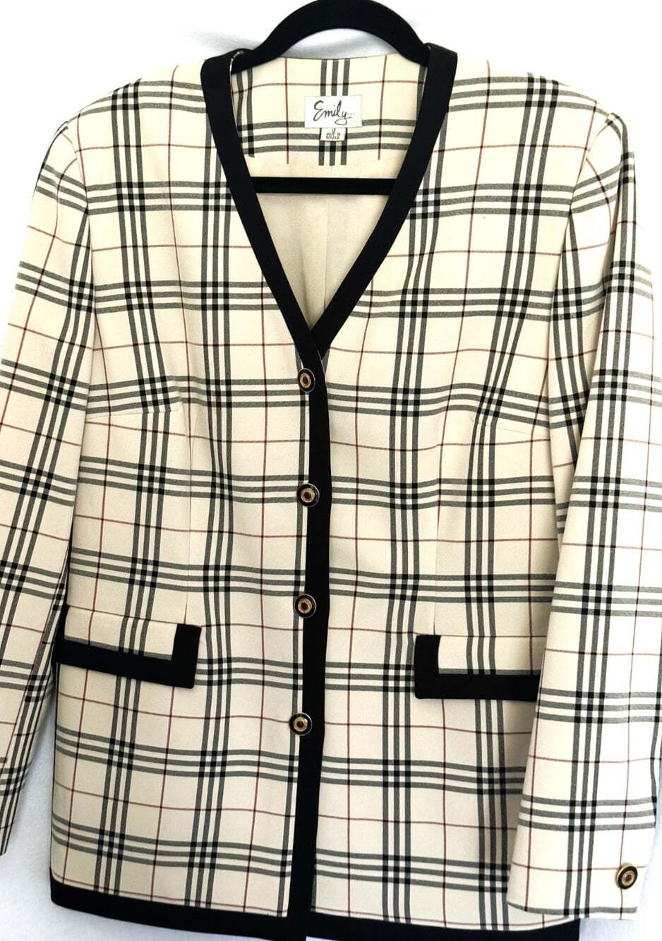 Vintage Tartan-Inspired Plaid, Beige w/Black/Red, Bordered Collar Pockets, Sz 12